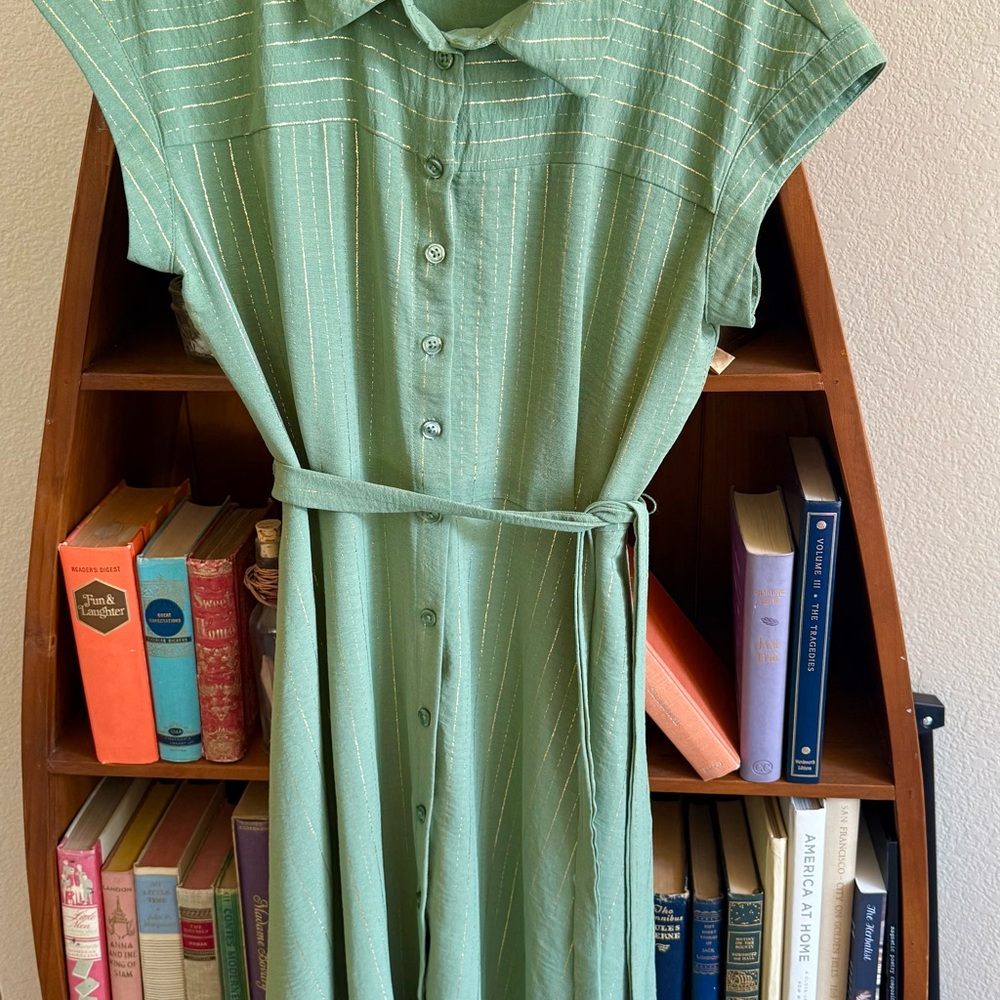 Chic Nina Leonard Sage Green Striped Midi Dress with gold thread.
